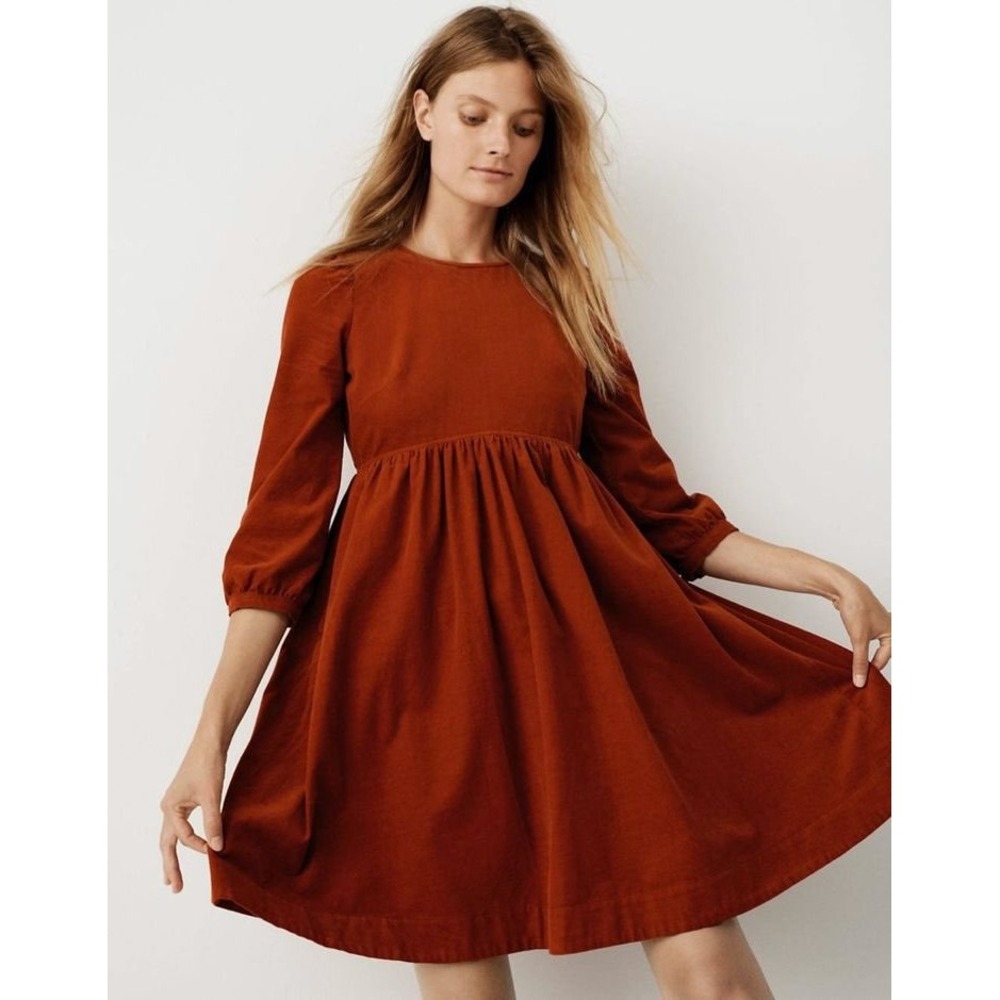 Madewell Rust Corduroy Babydoll Dress Long Sleeve Burnt Orange Small S